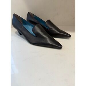 Valentina Rangoni Black Leather Pointed Toe Kitten Heel Loafer Pumps Italy 8M